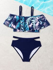 Tween Girl 1set Tropical Print Ruffle Trim Cut Out Bikini Set Summer Beach - Navy Blue - View 5