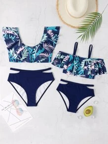Tween Girl 1set Tropical Print Ruffle Trim Cut Out Bikini Set Summer Beach - Navy Blue - View 6