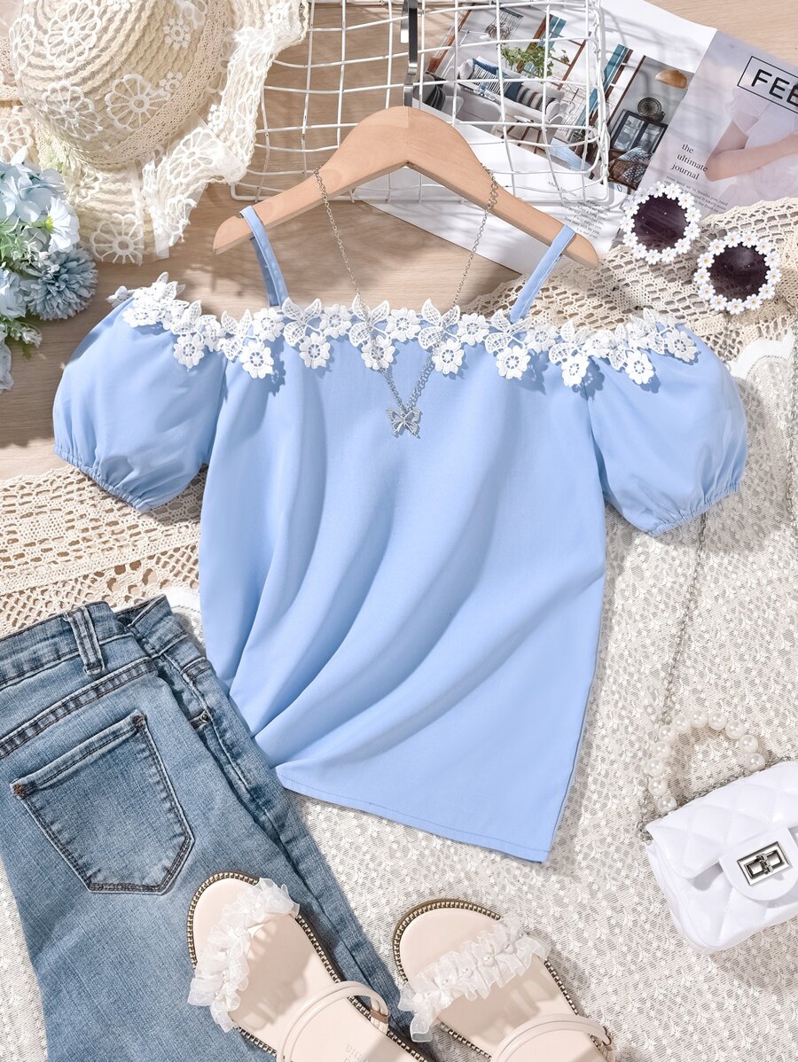 Cô gái Tween Giấy dán hoa văn Lace  Vai lạnh Áo sơ mi - Màu xanh lam - Xem 1