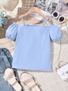 Cô gái Tween Giấy dán hoa văn Lace  Vai lạnh Áo sơ mi - Màu xanh lam - Xem 2