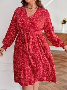 SHEIN Frenchy 大碼波卡圓點燈籠袖百褶下擺繫腰帶連衣裙 - 紅色 - 查看 1