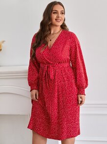SHEIN Frenchy 大碼波卡圓點燈籠袖百褶下擺繫腰帶連衣裙 - 紅色 - 查看 5