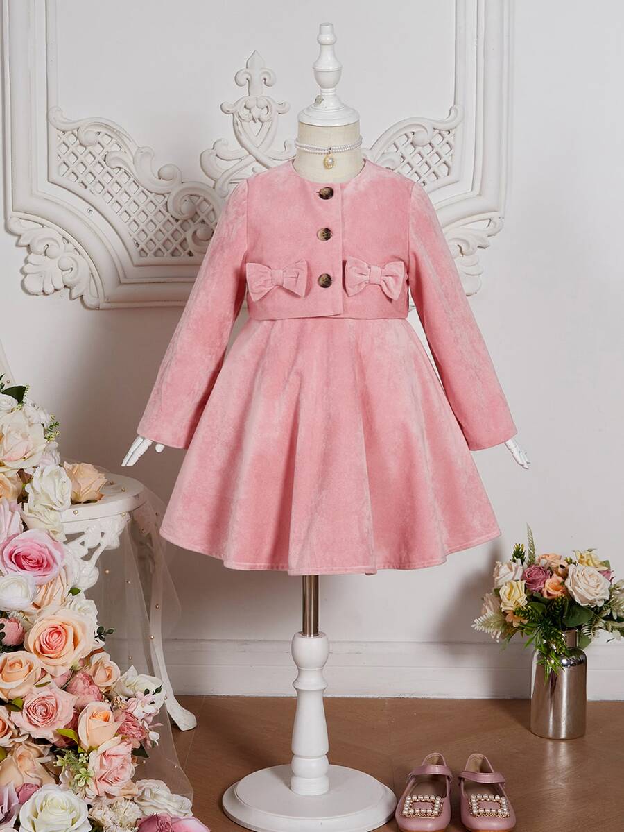 SHEIN Toddler Girls Bow Front Jacket With Dress - Dusty Pink - View 1