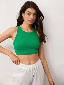 SHEIN BASICS Solid Ribbed Knit Crop Tank Top For Summer - Green - View 1
