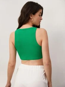 SHEIN BASICS Solid Ribbed Knit Crop Tank Top For Summer - Green - View 2