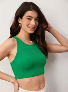 SHEIN BASICS Solid Ribbed Knit Crop Tank Top For Summer - Green - View 4