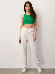 SHEIN BASICS Solid Ribbed Knit Crop Tank Top For Summer - Green - View 5