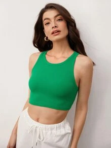 SHEIN BASICS Solid Ribbed Knit Crop Tank Top For Summer - Green - View 6