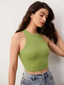 SHEIN BASICS Solid Ribbed Crop Tank Top, Going Out Top - Lime Green - View 4