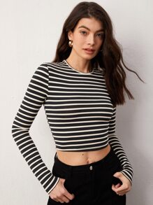 SHEIN BASICS Striped Print Crop Tee - Black and White - View 1