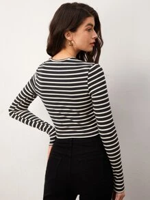 SHEIN BASICS Striped Print Crop Tee - Black and White - View 2