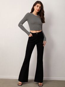 SHEIN BASICS Striped Print Crop Tee - Black and White - View 3