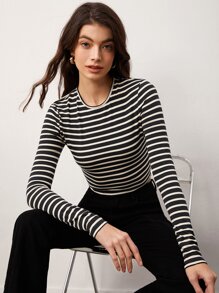 SHEIN BASICS Striped Print Crop Tee - Black and White - View 4