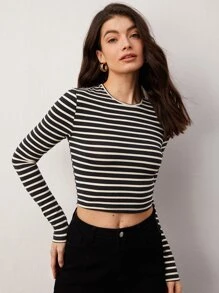 SHEIN BASICS Striped Print Crop Tee - Black and White - View 5