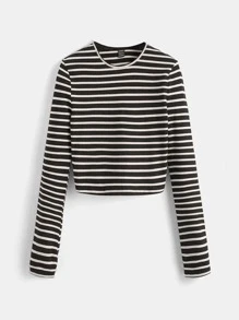 SHEIN BASICS Striped Print Crop Tee - Black and White - View 7