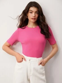 SHEIN BASICS Solid Form Fitted Tee - Pink - View 1