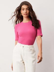 SHEIN BASICS Solid Form Fitted Tee - Pink - View 4