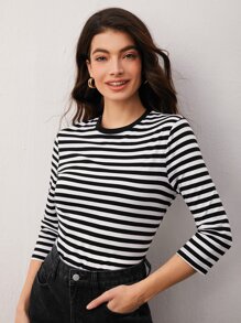 SHEIN BASICS Striped Print Long Sleeve Tee - Black and White - View 1
