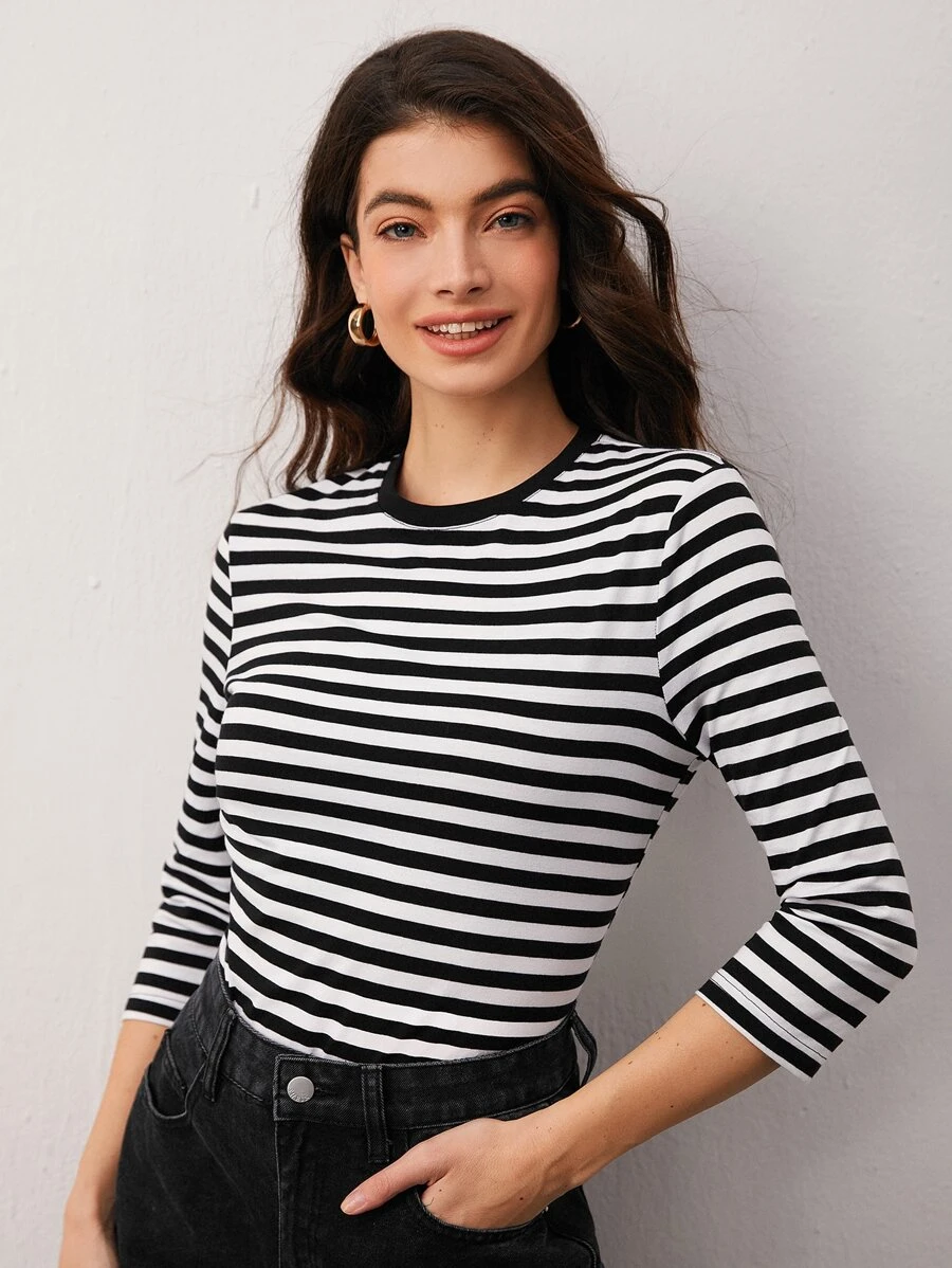 SHEIN BASICS Striped Print Long Sleeve Tee - Black and White - View 1