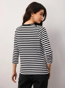 SHEIN BASICS Striped Print Long Sleeve Tee - Black and White - View 2