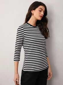 SHEIN BASICS Striped Print Long Sleeve Tee - Black and White - View 3