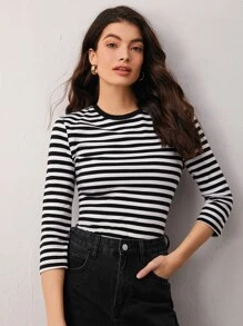 SHEIN BASICS Striped Print Long Sleeve Tee - Black and White - View 4