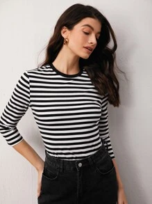 SHEIN BASICS Striped Print Long Sleeve Tee - Black and White - View 5