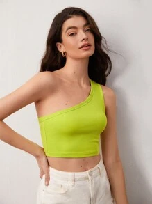SHEIN BASICS Top Corto De Un Hombro - Verde Lima - Ver 1