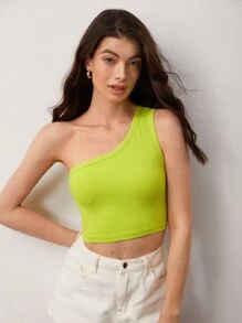 SHEIN BASICS Top Corto De Un Hombro - Verde Lima - Ver 4