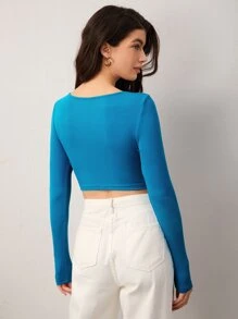 SHEIN BASICS Scoop Neck Ribbed Long Sleeve Crop Tee - Blue - View 2