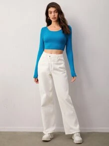 SHEIN BASICS Scoop Neck Ribbed Long Sleeve Crop Tee - Blue - View 4