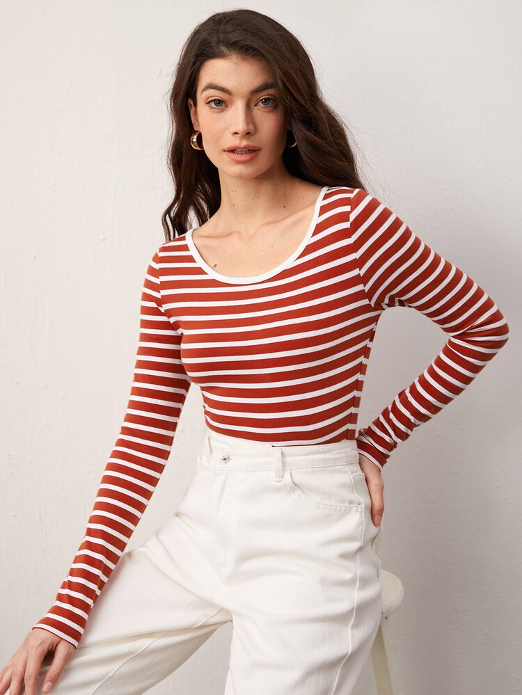 SHEIN BASICS 條紋印花露肩圓領t恤 - 紅白色 - 查看 1