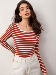 SHEIN BASICS Striped Print Scoop Neck Tee - Red and White - View 3