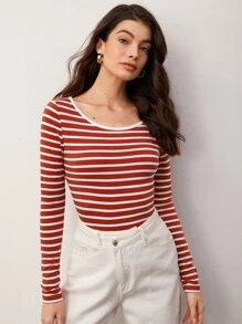 SHEIN BASICS Striped Print Scoop Neck Tee - Red and White - View 4