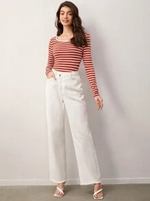 SHEIN BASICS Striped Print Scoop Neck Tee - Red and White - View 5