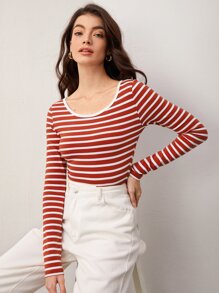 SHEIN BASICS Striped Print Scoop Neck Tee - Red and White - View 6