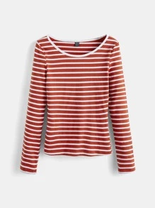 SHEIN BASICS Striped Print Scoop Neck Tee - Red and White - View 7