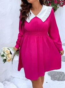 SHEIN Unity Vestido de cuello en contraste de cintura fruncido - Rosa Fucsia - Ver 3