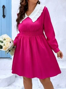 SHEIN Unity Vestido de cuello en contraste de cintura fruncido - Rosa Fucsia - Ver 4