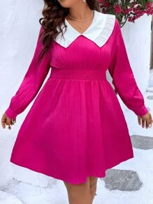 SHEIN Unity Vestido de cuello en contraste de cintura fruncido - Rosa Fucsia - Ver 5