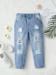 SHEIN Toddler Girls Bleach Wash Ripped Frayed Jeans - Light Wash - View 1
