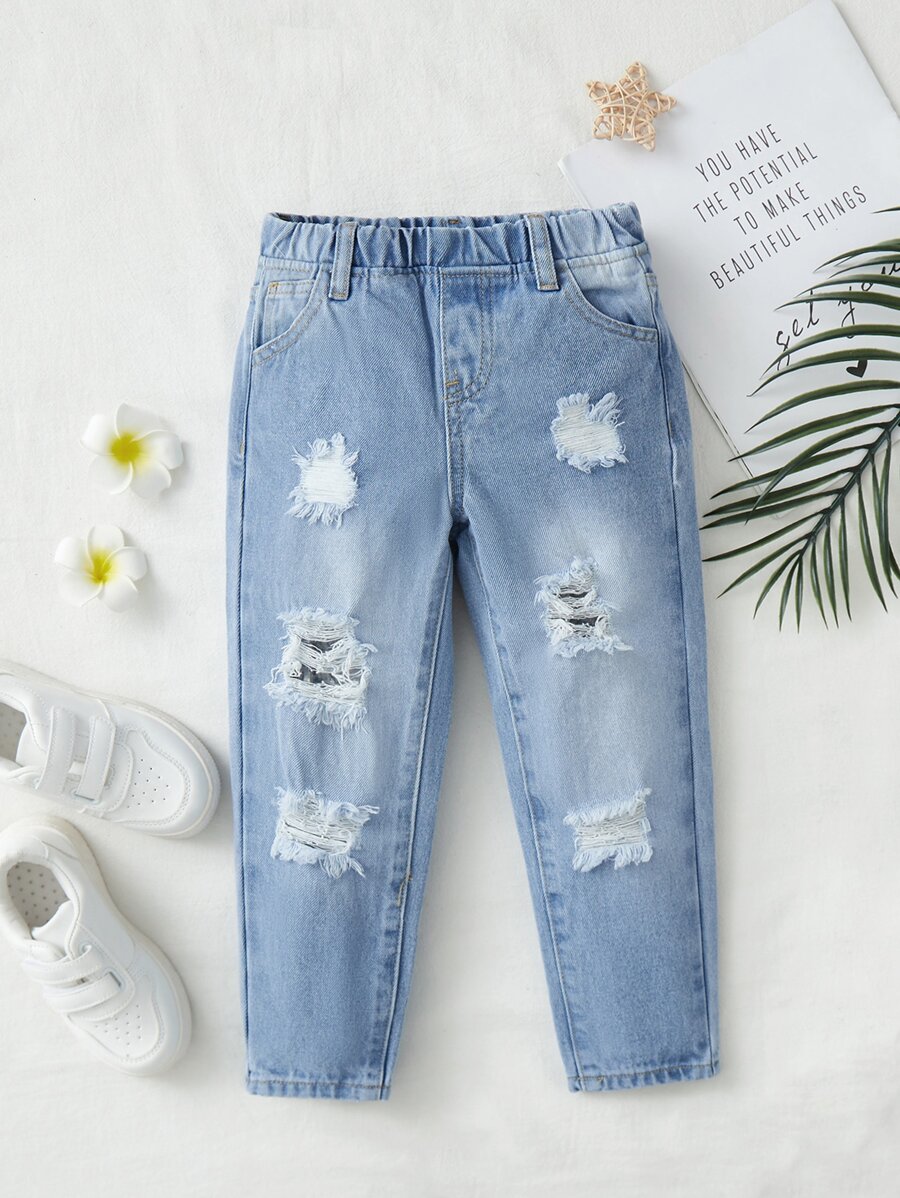 SHEIN Toddler Girls Bleach Wash Ripped Frayed Jeans - Light Wash - View 1