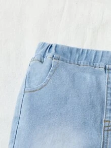 SHEIN 年輕女孩漂白洗水磨破修邊喇叭褲 - 淺色水洗藍 - 查看 4