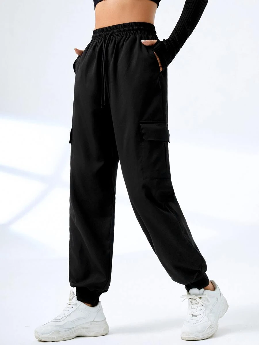 Easithlete Drawstring Waist Flap Pocket Side Cargo Sports Trousers - Black - View 1