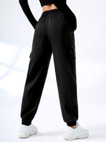 Easithlete Drawstring Waist Flap Pocket Side Cargo Sports Trousers - Black - View 2