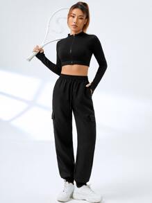 Easithlete Drawstring Waist Flap Pocket Side Cargo Sports Trousers - Black - View 7