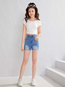 SHEIN 青少年女孩破洞毛邊牛仔短褲 - 淺色水洗藍 - 查看 4