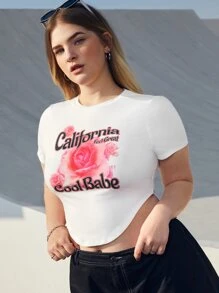 SHEIN EZwear Áo thun Plus size Hoa Slogan Giải trí - trắng - Xem 1