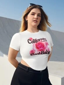 SHEIN EZwear Áo thun Plus size Hoa Slogan Giải trí - trắng - Xem 6
