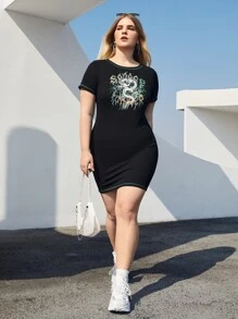 SHEIN Coolane Plus Dragon Print Bodycon Dress - Black - View 2